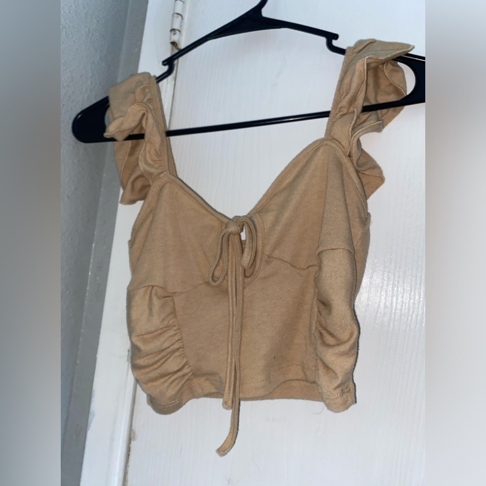 SHEIN MOD Ruffle Trim Tie Front Ruched Crop Top